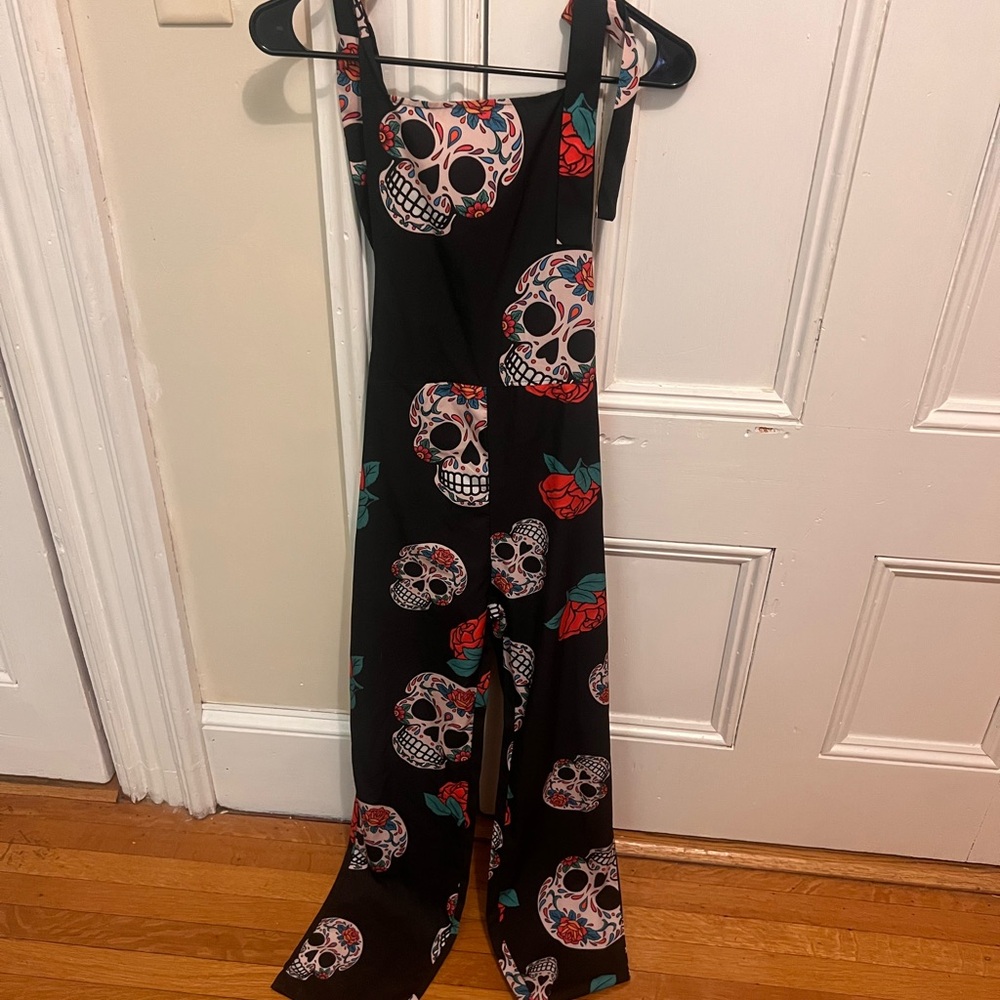 Black Jumpsuit with Skull and Rose Print